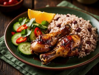 Plakat Tender jamaican jerk chicken drumsticks with rice and peas, garnished with cucumber, chili, cilantro and orange slice. Savory meal served on rustic table.