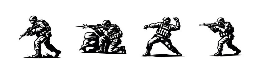 Obraz premium Military soldiers in action silhouettes, black and white vector illustrations of armed forces