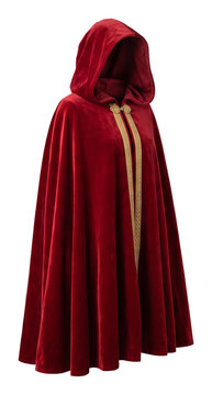 Deep red hooded cloak with ornate gold trim