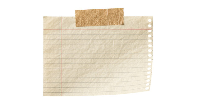 Torn lined paper note with taped edge, isolated on transparent background