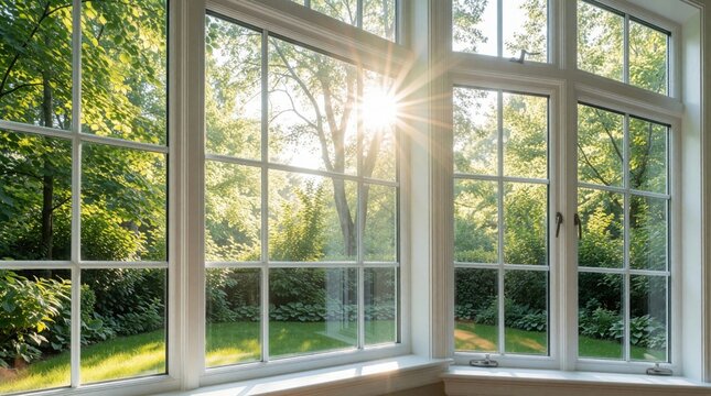 Large white mullioned windows frame a sunlit green garden view. Natural light streams indoors, creating bright, airy atmosphere. Peaceful natural scenery.