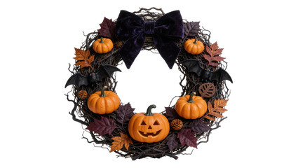 Halloween wreath with pumpkins bats and leaves, isolated on transparent background © bigpng