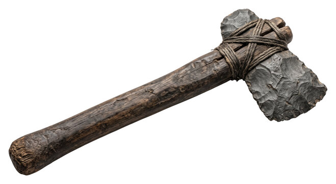 Primitive stone axe with a bound wooden handle