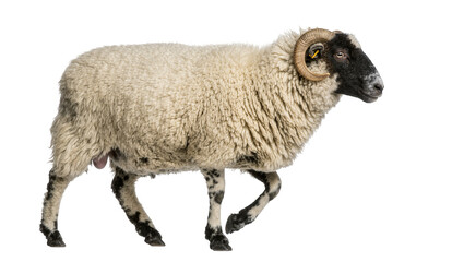 Black and white ram with curved horns, isolated on transparent background © bigpng