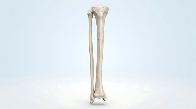 Realistic 3D human tibia and fibula leg bones anatomy isolated on light background showing detailed bone structure