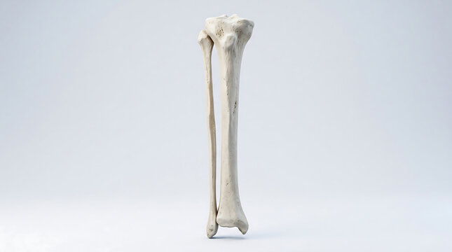 Anatomical model of human lower leg bones tibia and fibula isolated on light blue background showing shin bone structure