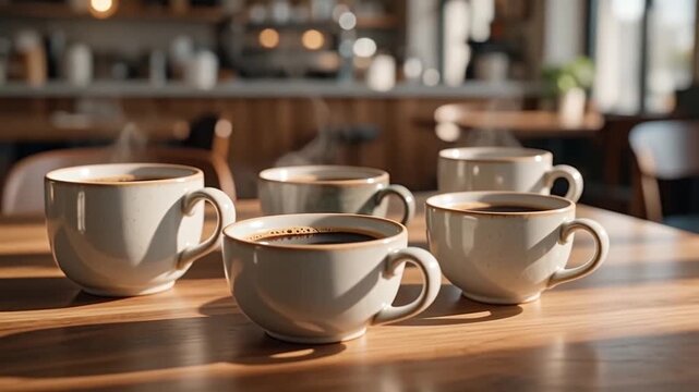 Steaming hot coffee cups on wooden table, ceramic mugs in cozy cafe interior, group of five coffee cups with morning sunlight