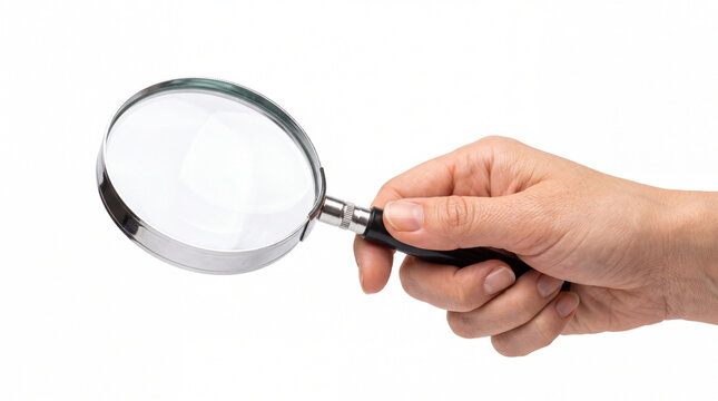 Close up of a hand holding a magnifying glass against white background
