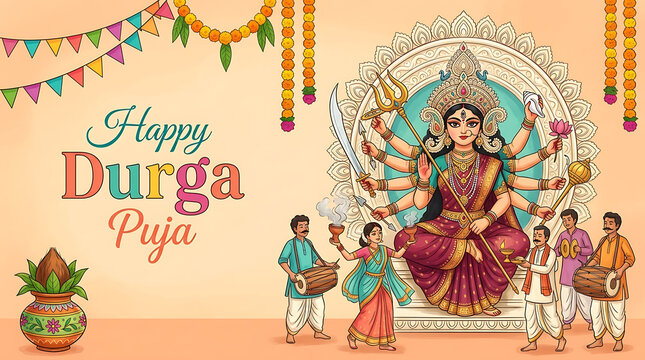 Durga puja festive illustration with goddess multiple arms sacred weapons traditional musicians dancer marigold garlands and decorative pot for colorful navratri celebration