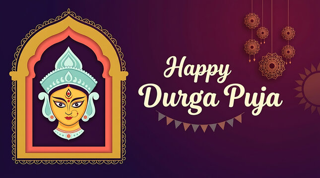 Traditional durga puja goddess portrait inside decorative temple arch with festive hanging ornaments for navratri indian cultural celebration background illustration design artwork