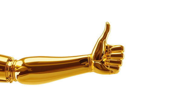 Metallic gold robotic arm showing thumbs up gesture isolated on black background, for success and technology isolated on a transparent background