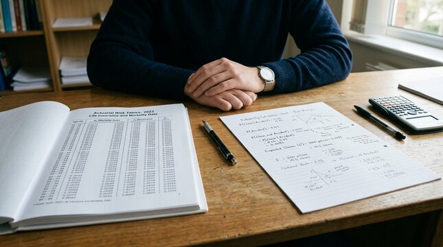 Actuarial risk tables beside probability calculation sheet - actuarial risk analysis and insurance data concept