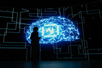 Fototapeta premium Machine learning and AI technology develop rapidly as a software developer works in a research lab, monitoring artificial intelligence evolution and neural network architecture in a research setting.