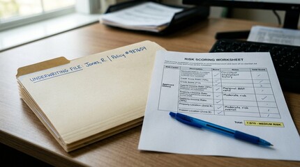 Obraz premium Underwriting file folder beside risk scoring worksheet - commercial insurance risk classification concept
