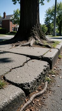 Large tree roots lift concrete sidewalk slabs in urban residential area. Damaged pavement shows cracks, uneven surface on city street. Nature grows under infrastructure causing sidewalk repair needs.