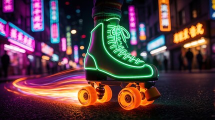 Obraz premium Neon green roller skate moves fast on city street at night, leaving fiery light trails. Blurred neon signs and buildings form vibrant urban background, suggesting energetic motion.