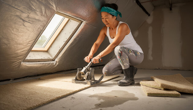Focused woman using wrench on flooring panel in attic space near skylight window, kneeling on insulation during construction, professional flooring trade with copy space