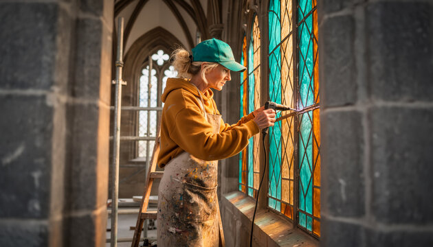 Skilled tradeswoman soldering stained glass window panel in gothic church interior, wearing beanie and apron, professional glass restoration trade with copy space for text