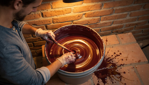 Skilled craftsman mixing dark red wood stain in bucket with brush near brick fireplace, professional woodworking trade and material preparation with copy space for text