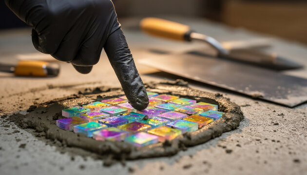Close up of hand placing iridescent glass mosaic tiles into wet mortar with trowel nearby, professional mosaic installation trade with copy space for text