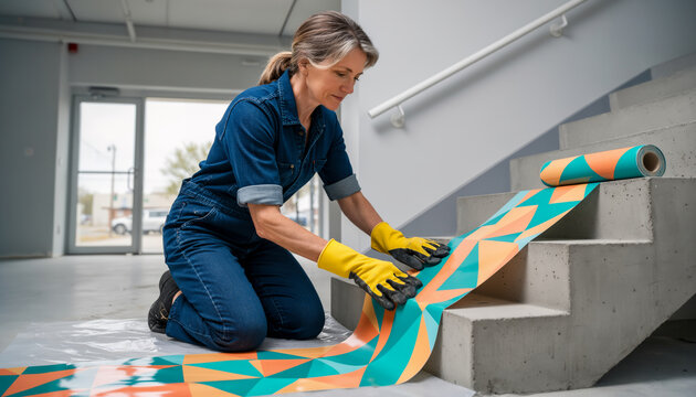 Focused tradeswoman installing colorful geometric wallpaper on concrete stairs wearing rubber gloves, professional wallpaper installation trade with copy space for text