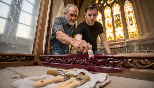 Experienced craftsman mentoring young apprentice by guiding his hand while applying varnish to ornate wooden molding, professional restoration training with copy space for text