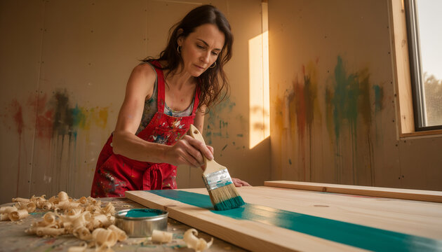 Focused artisan painting teal stripe on wooden board with brush, surrounded by wood shavings in workshop, professional furniture finishing craft with copy space for text
