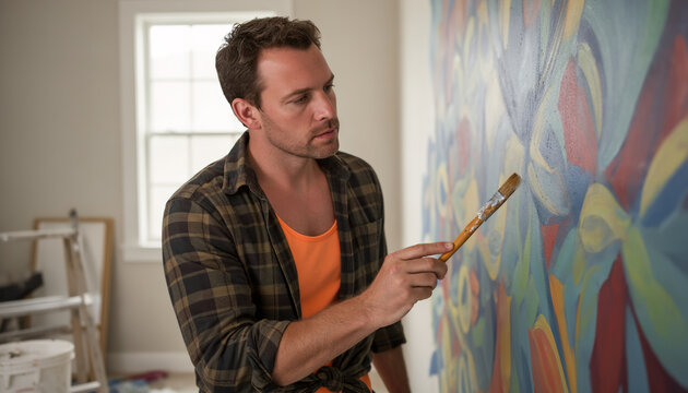 Focused artist painting colorful abstract artwork on canvas with brush inside bright indoor studio, professional fine art creativity and craftsmanship with copy space for text
