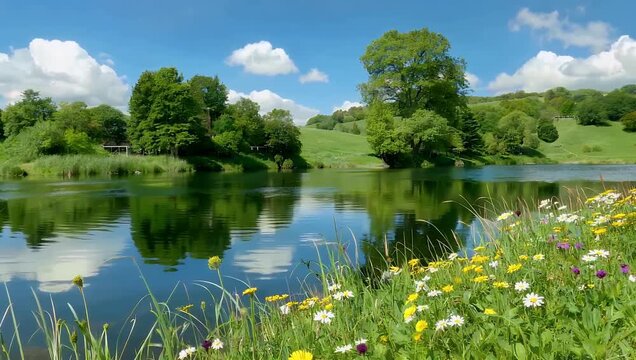 Idyllic 4K summer landscape video capturing a sunlit river surrounded by lush trees wild blooming flowers and clear water reflections under bright blue skies for environmental and nature