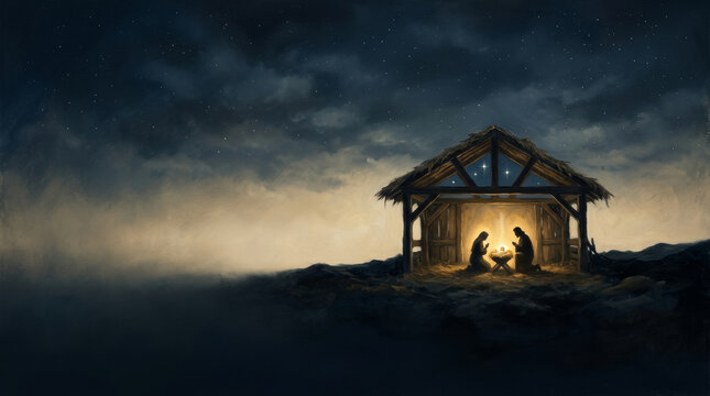 A minimalist, glowing nativity scene in silhouette, with Mary, Joseph,  and baby Jesus under a simple star-lit stable, dramatic sky holy night, Christmas card style art background with copy space