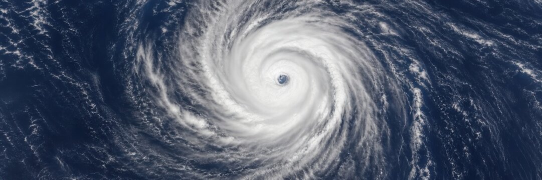Aerial view of powerful hurricane spiral swirling over the ocean