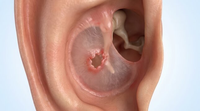 Close up of human ear canal with perforated eardrum and ossicles Keywords: ear, human ear, eardrum, tympanic membrane, perforated eardrum, ruptured