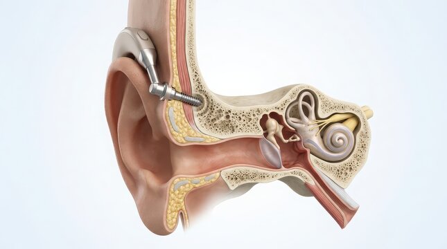 Cross-section of human ear with cochlear implant device and auditory ossicles anatomy medical