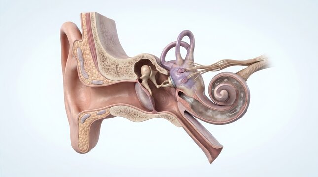 Cross-section anatomical illustration of the human ear and auditory system anatomy