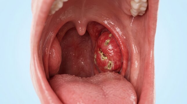 Medical illustration of tonsillitis with pus-filled tonsils and swollen uvula throat infection