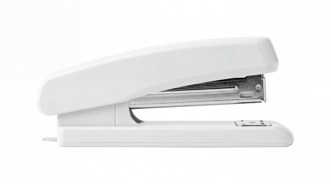 White plastic desktop stapler on a plain white background