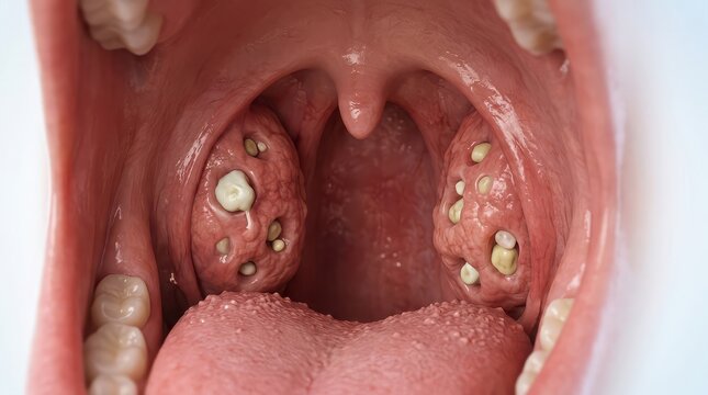 Human Tonsils with Tonsil Stones or Tonsilloliths Close Up infection inflammation