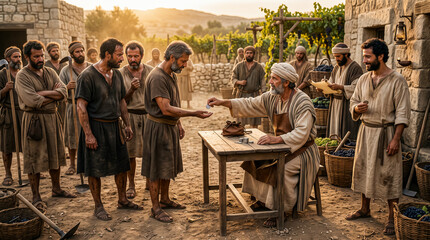 Obraz premium The landowner pays each worker one denarius. Those who work longer grumble because they want more.