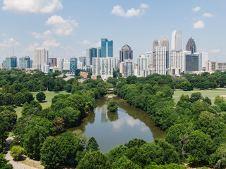 Aerial Skyline of Atlanta overlooking lake in Piedmont Park © Danielle
