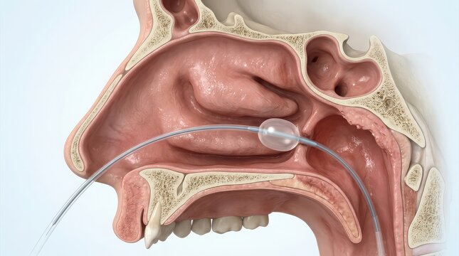 Medical illustration of nasal cavity with sinus balloon catheter inserted anatomy