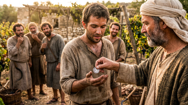 The landowner pays each worker one denarius. Those who work longer grumble because they want more.