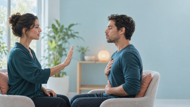 Man practicing guided breathing and mindfulness meditation with female therapist in wellness center