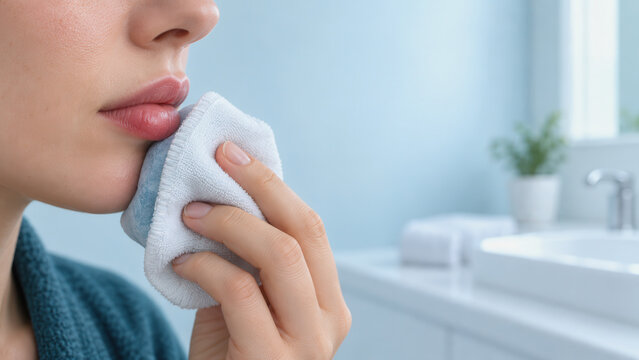 Woman applying cold compress ice pack to lips after filler injection treatment in bathroom