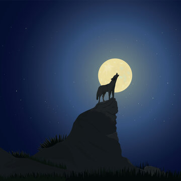A scene of a wolf howling on a full moon night.
