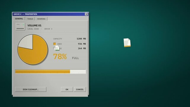 Vintage operating system disk cleanup with storage pie chart filling and space reclaimed