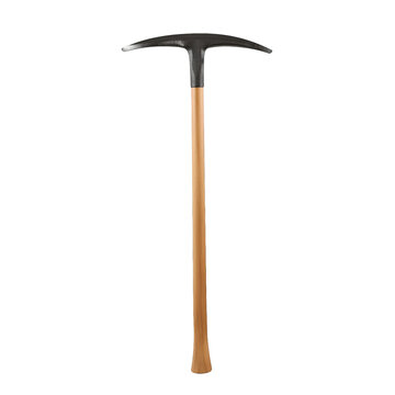 Single heavy duty pickaxe with a wooden handle and sharp metal head isolated on a solid black background, studio shot isolated on a transparent background