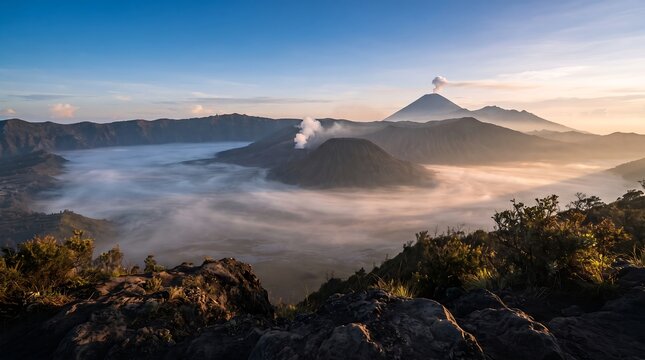 Breathtaking sunrise view over the active mount bromo volcano and caldera in east java indonesia