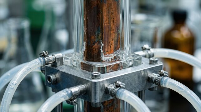 Electrochemical oxidation cell with copper electrodes, stainless manifold, mineral residue, and transparent hoses