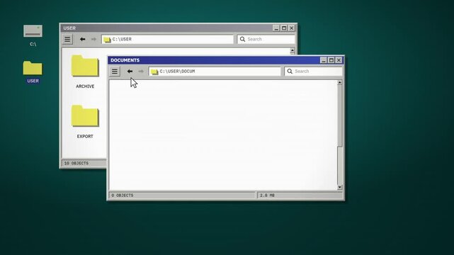 Nineties style file manager windows browsing folders and copying documents on desktop
