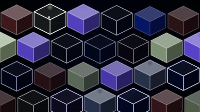Several colored cubes are arranged in a grid pattern on a dark background with one highlighted by a white outline.